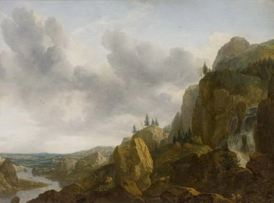 Paesaggio roccioso norvegese con cascata e valle del fiume